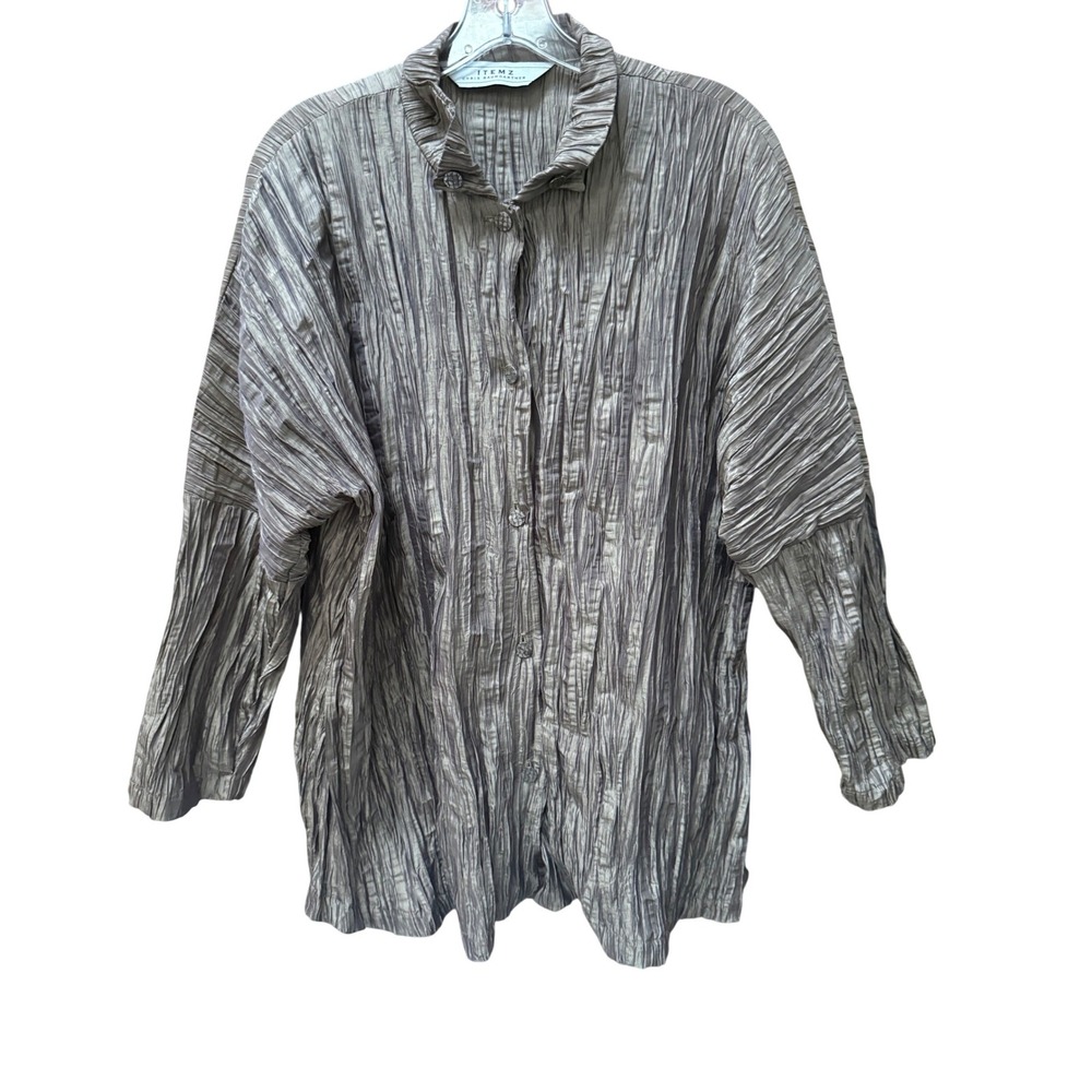 ITEMZ Chris Baumgartner Metallic Crinkle Pleated Button Up LG XL Lagenlook